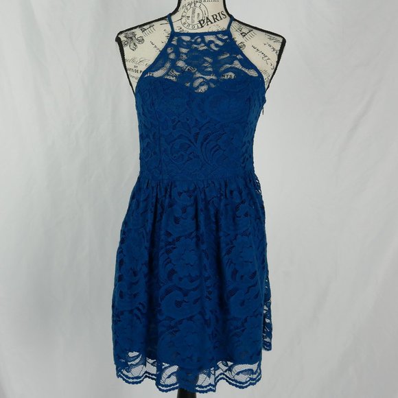 Hollister Dresses & Skirts - -HOLLISTER- Blue Lace Overlay Halter Dress Formal Evening Wedding